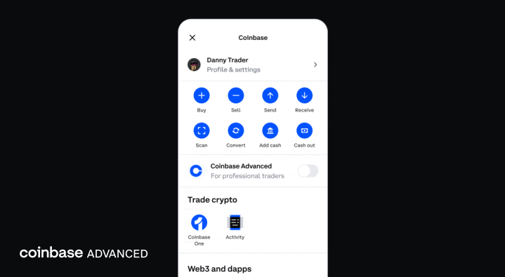 Dark mode Coinbase Advanced interface highlighting key trading options like send, receive, and advanced tools toggle for professional traders.