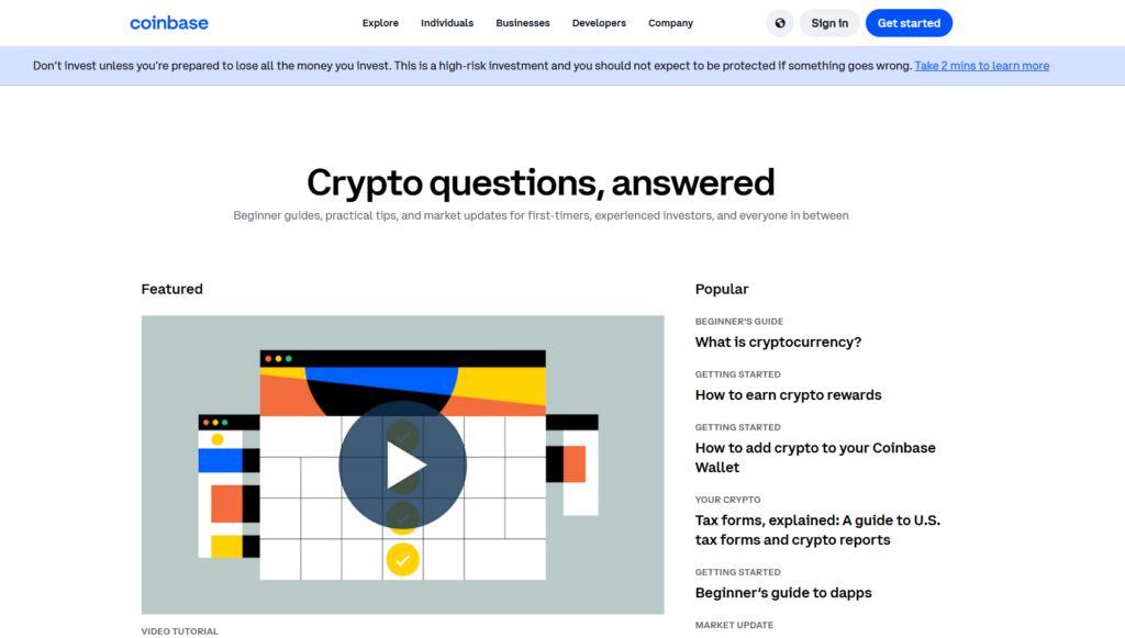 Coinbase crypto questions answered page with video tutorials and beginner guides on cryptocurrency, tax forms, and earning crypto rewards.