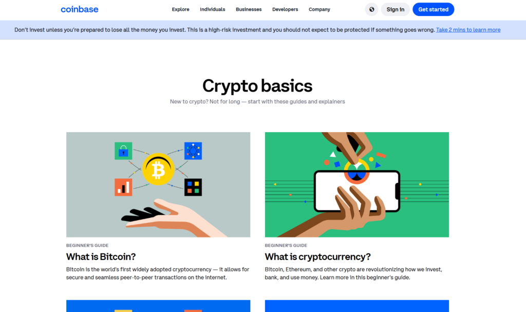 Coinbase crypto basics section offering beginner-friendly guides on Bitcoin, cryptocurrency, and their functionalities.