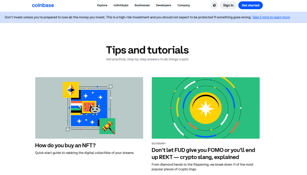 Coinbase tips and tutorials section featuring guides on buying NFTs and understanding crypto slang for beginners and enthusiasts.