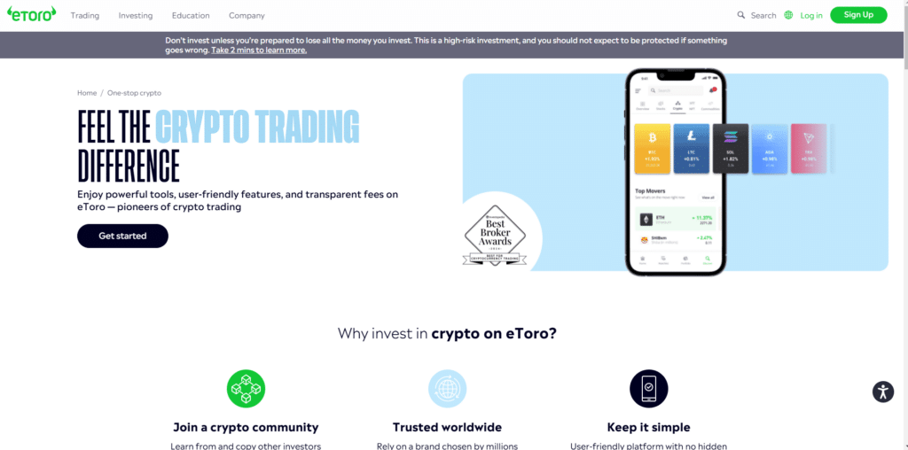 eToro homepage highlighting crypto trading features, including a user-friendly mobile app, transparent fees, and powerful tools for trading Bitcoin and other cryptocurrencies.