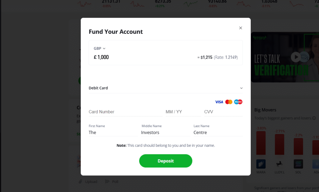 eToro funding screen showing a £1,000 deposit option via debit card, demonstrating secure and straightforward funding methods for buying Bitcoin and other assets.