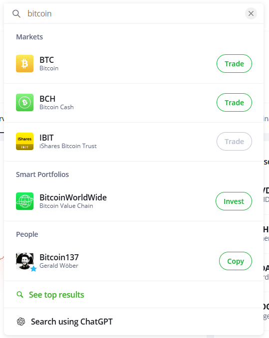 Search results for Bitcoin on eToro, displaying options to trade Bitcoin (BTC), Bitcoin Cash (BCH), and related portfolios with quick access to trading.