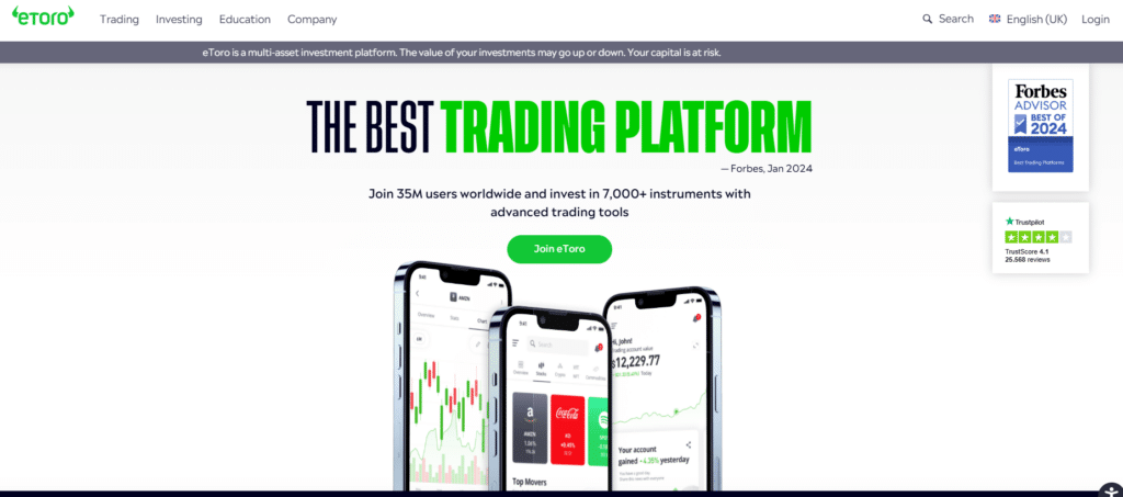 eToro homepage displaying its tagline 'The Best Trading Platform' with mobile trading app previews and Trustpilot reviews for credibility.