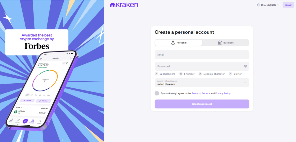 Kraken sign-up page showing fields for creating a personal account in the UK, highlighting secure and user-friendly onboarding for cryptocurrency investors.