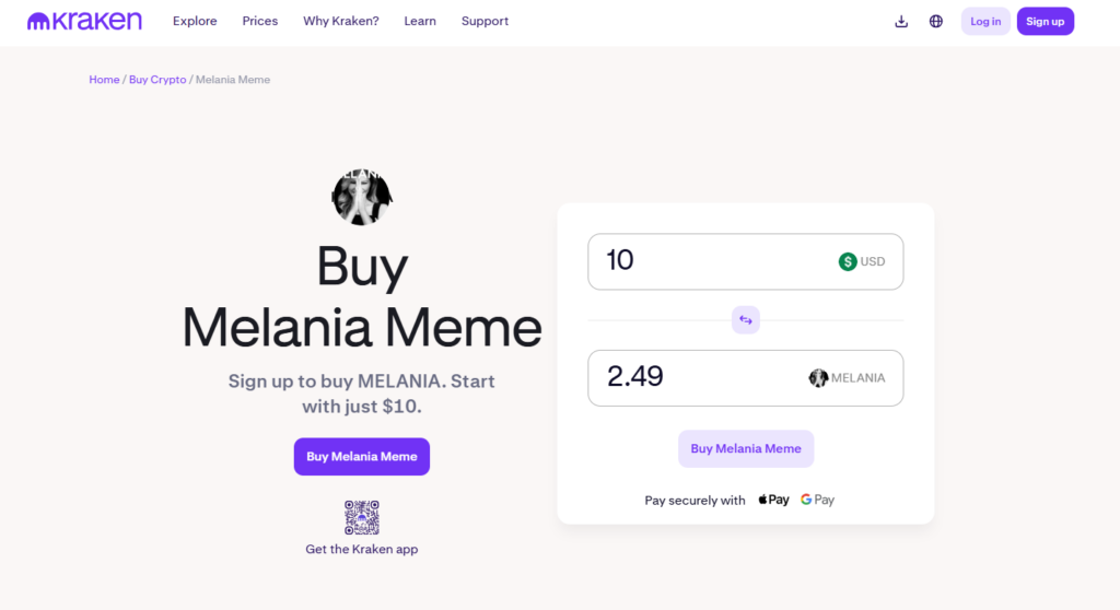 Screenshot of Kraken's trading page for Melania Meme cryptocurrency, showing buy options with USD and Melania Coin values, emphasizing ease of purchase with secure payment methods.