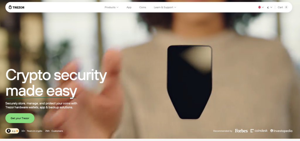 Trezor hardware wallet promotional page, emphasizing secure cryptocurrency storage with an intuitive app and backup solutions for crypto investors.