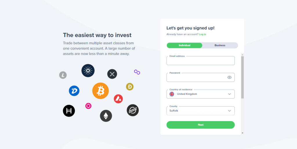 Uphold sign-up page featuring cryptocurrency icons like Bitcoin, Ethereum, and Ripple, with individual and business account registration options.