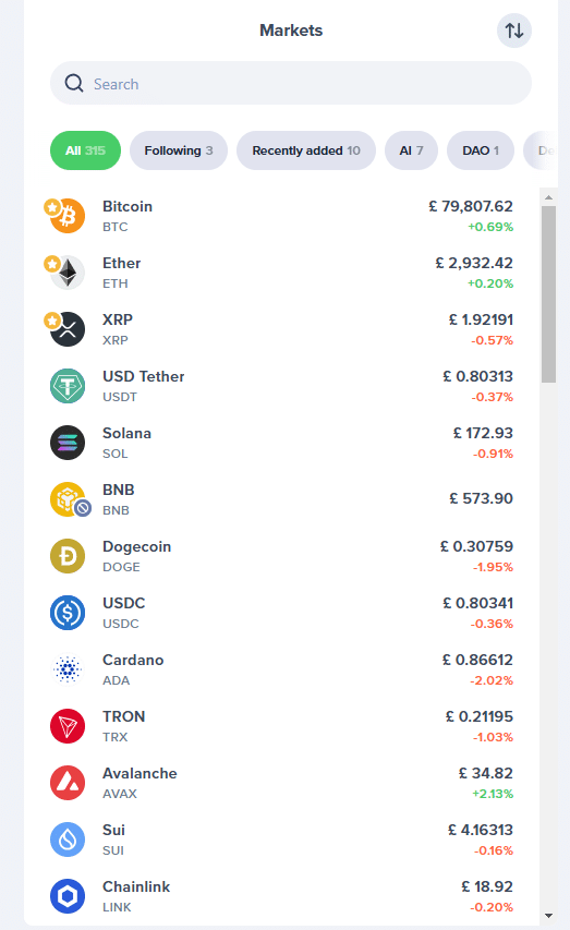 Uphold markets page listing popular cryptocurrencies like Bitcoin, Ethereum, XRP, Solana, and Dogecoin with their real-time prices and percentage changes.