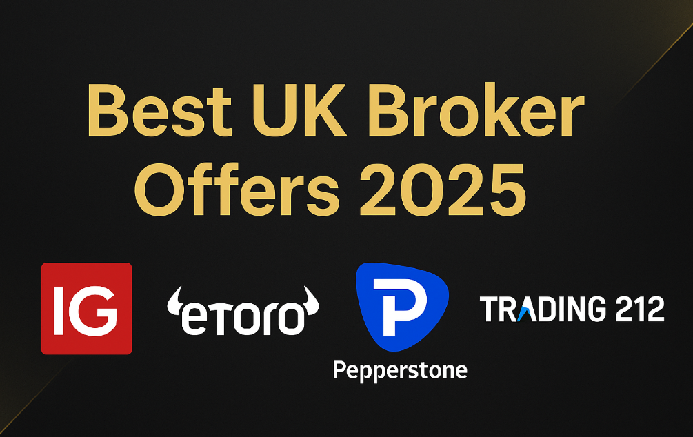 Best UK broker offers 2025 featuring IG, eToro, Pepperstone, and Trading 212 logos on a dark gold background