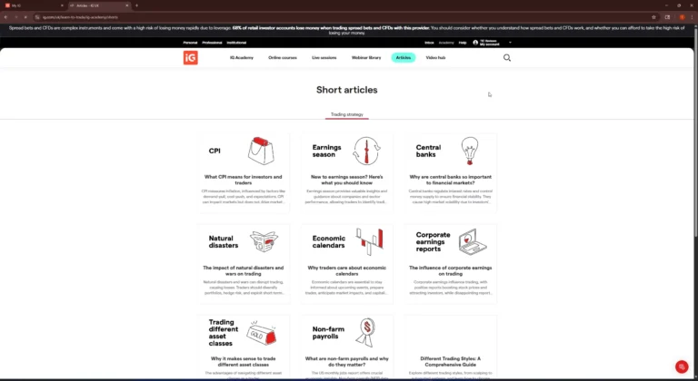 Best Day Trading Platforms in the UK 28 IG Academy articles page showing short educational content on trading strategies, economic indicators, earnings season, and market analysis topics