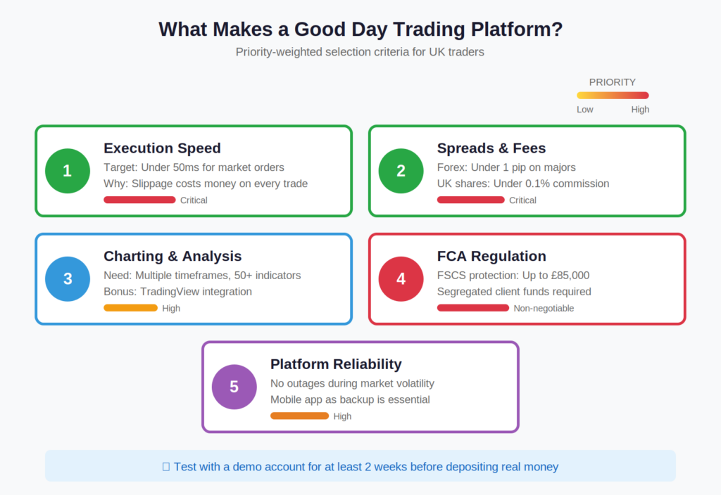 Best Day Trading Platforms in the UK 30 Day trading platform comparison checklist for UK traders showing five selection criteria ranked by priority